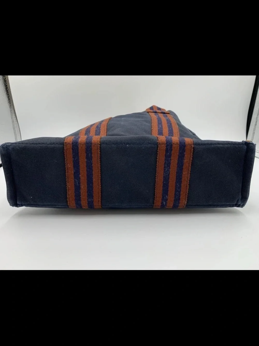 Hermes Navy Canvas Tote with Brown Striped Handles